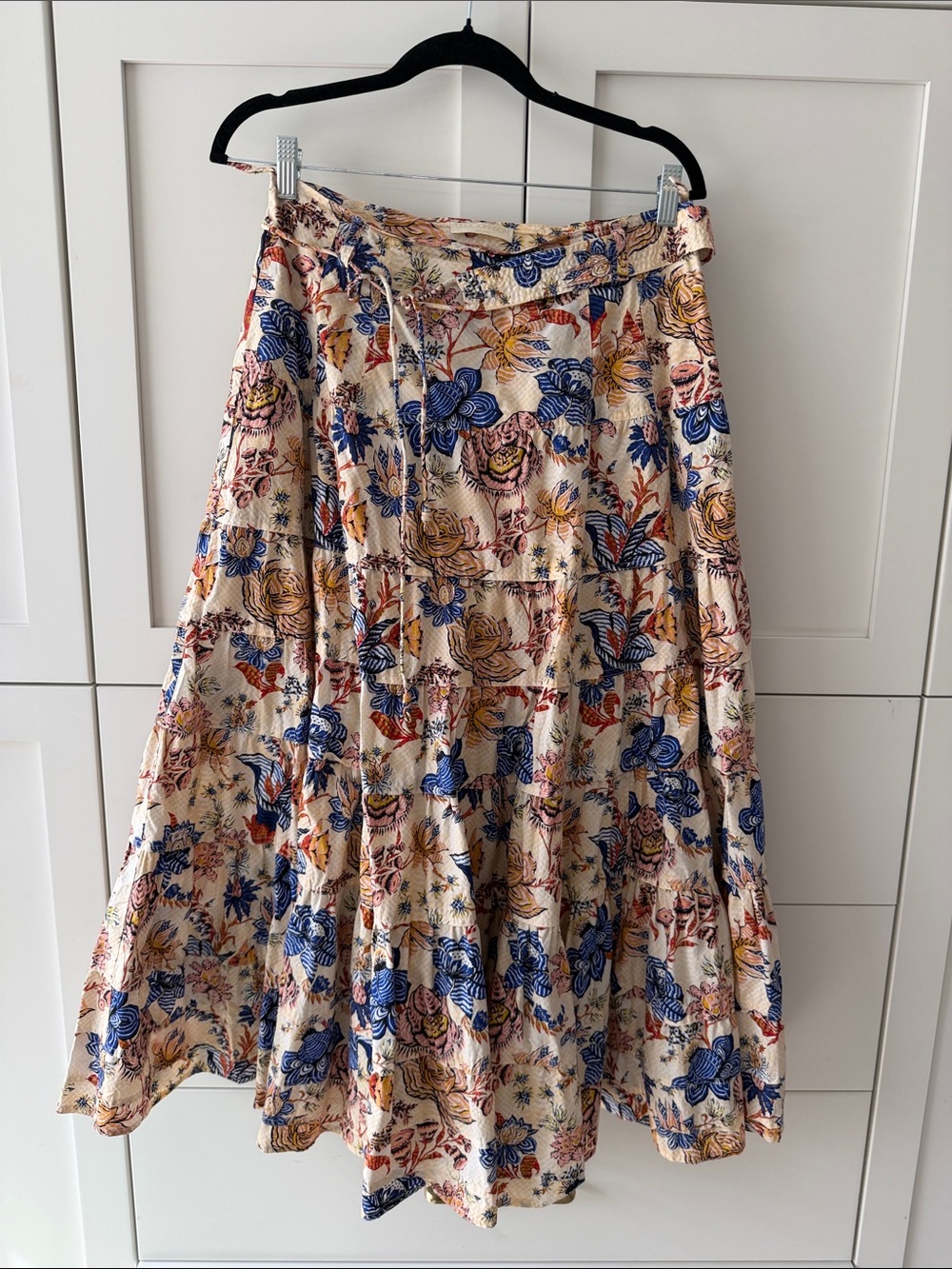 Floral Tiered Maxi Skirt in Cream with Blue & Mustard Print